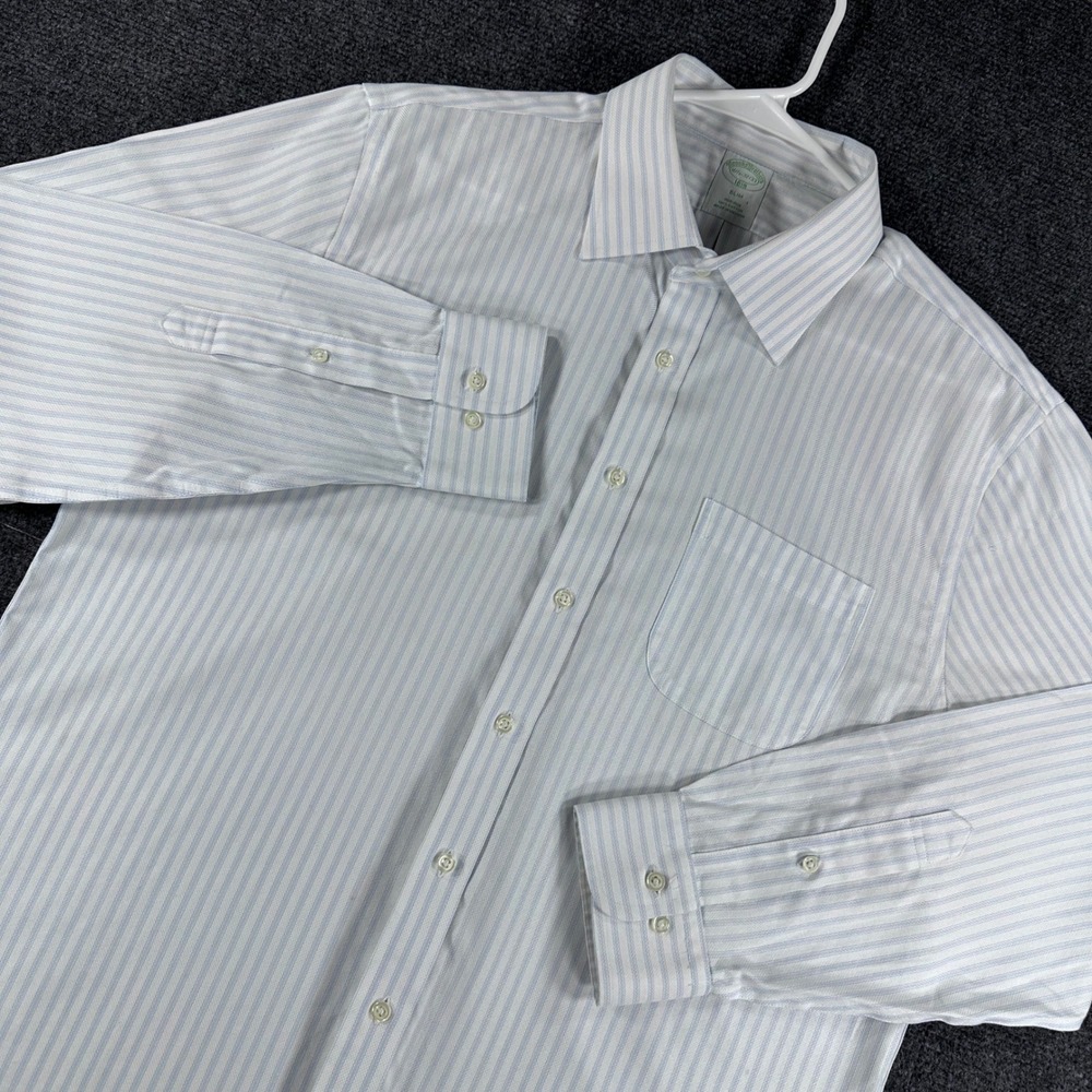 Brooks Brothers Dress Shirt Mens 16.5 32/33 Blue Striped Slim Non-Iron Cotton